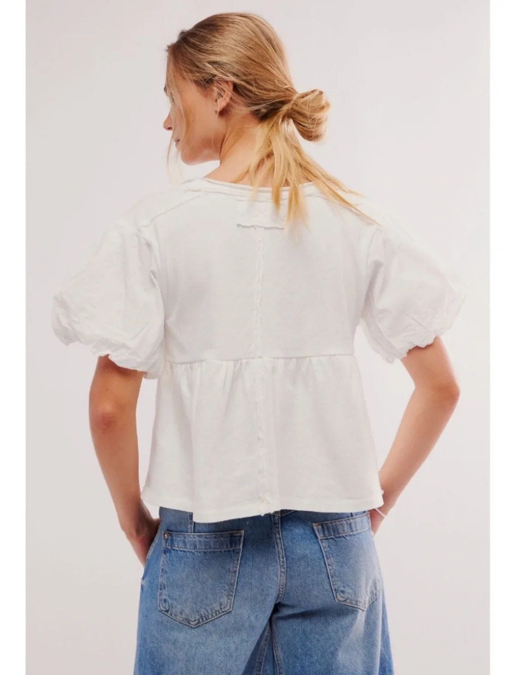 Free People Tricia Fix Blossom Tie Blouse Ivory White Puff Short Sleeve Top XS